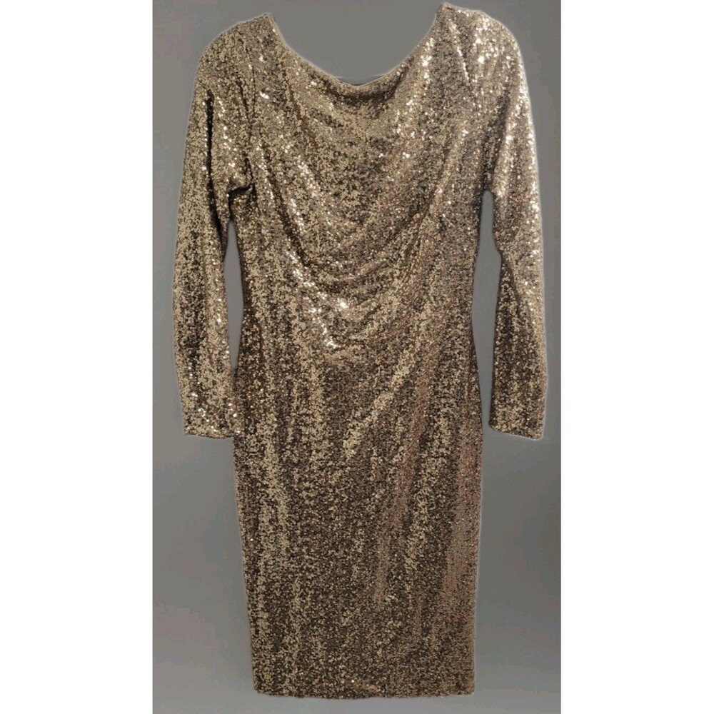 Lauren Ralph Lauren Gold Sequin Long Sleeve Sheath Dress Sz 8 NYE Scoop Back